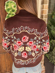 Photo of the back of a brown cardigan with a floral pattern