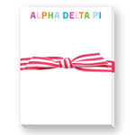 Notepad with pink and white striped elastic band on a white background, featuring 'Alpha Delta Pi' text.