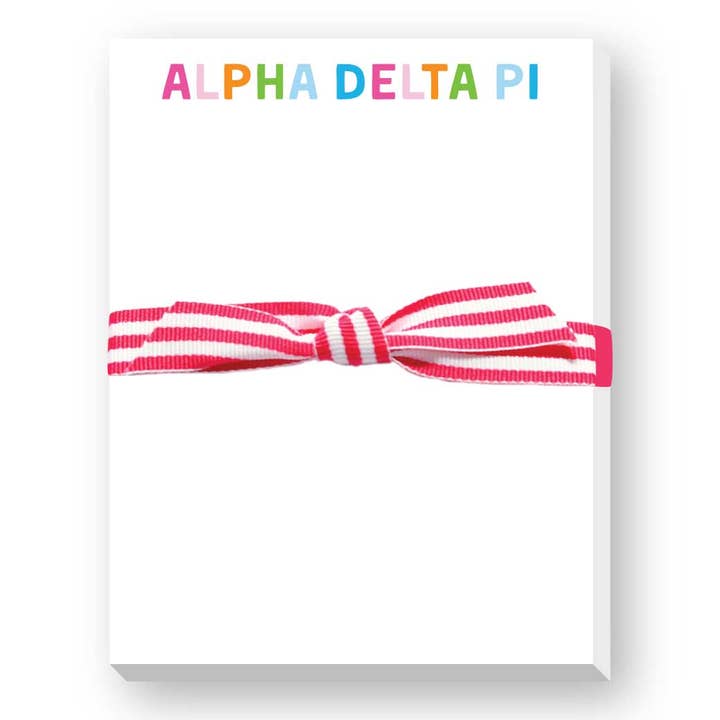 Notepad with pink and white striped elastic band on a white background, featuring 'Alpha Delta Pi' text.