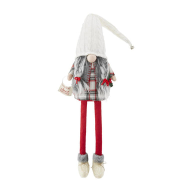Photo of a wool, felt and knit gnome wearing a white hat and she has grey and white braids with weighted base and dangle legs