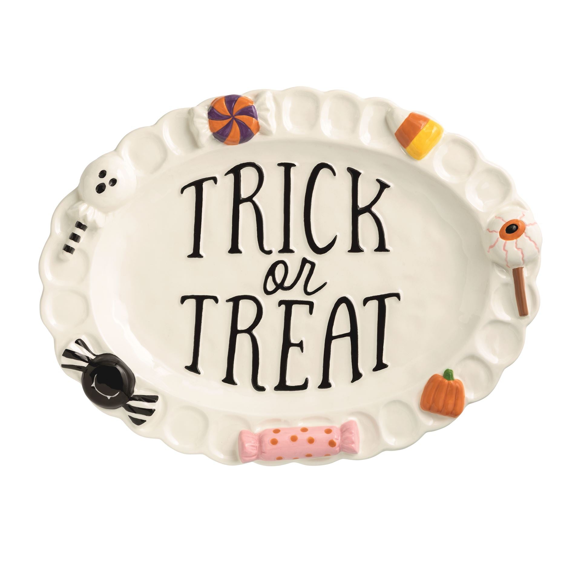 An oval white ceramic Halloween serving platter with the words 'TRICK or TREAT' in black lettering. The scalloped rim is decorated with small raised candy and spooky motifs, including a ghost, spider, jack-o'-lantern, eye candy, and a pink lollipop, all on a plain white background.