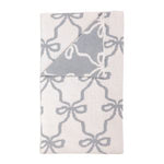 White and light blue chenille knit blanket featuring an all-over bow pattern