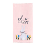 Photo of our light pink kitchen towel saying Oh So Happy with a white applique bunny and tulip flowers on it