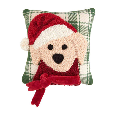 An 8" by 8" square  hooked wool applique pillow of a pup wearing a festive Santa hat and red scarf 