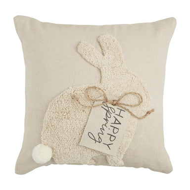 Photo of our square beige/linen colored cotton pillow featuring an applique tufted large bunny with a tag saying Happy Spring on the front.