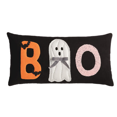 Halloween-themed decorative pillow with 'BOO' letters and ghost design on a black background.