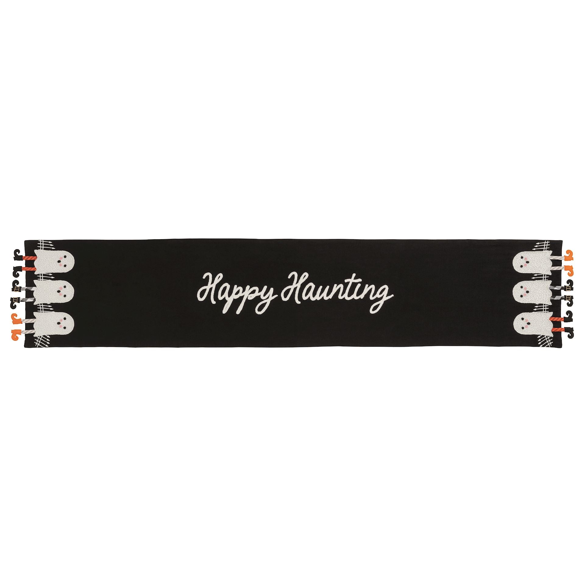 A black Halloween-themed runner or banner with 'Happy Haunting' written in white script across the center, decorated with cartoon ghosts and orange pumpkins on both ends.