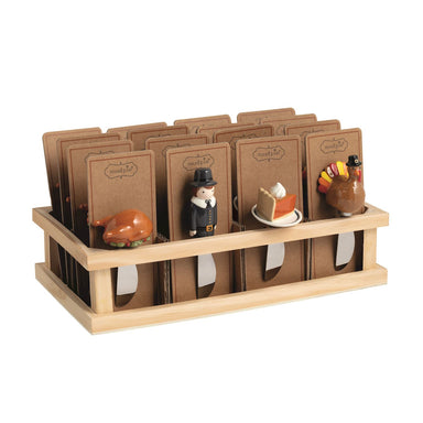 Stainless steel spreaders with hand-painted ceramic figural handle-a pumpkin, turkey, pumpkin pie slice or a pilgrim.
