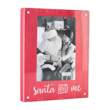 Photo of a magnetic hand-painted red wooden block frame saying Santa and Me and comes with four magnets to hold acrylic surface in place