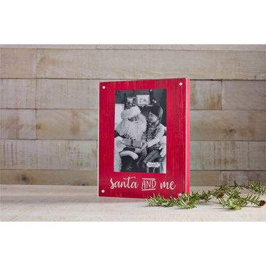 Photo of a magnetic hand-painted red wooden block frame saying Santa and Me and comes with four magnets to hold acrylic surface in place
