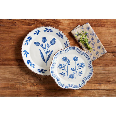 Another photo showing both  blue floral stoneware platters with hand-painted rims