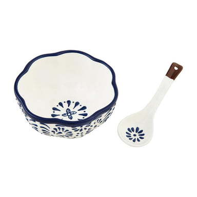 Photo of the two piece set of a stoneware salsa bowl with hand-painted base and coordinating ladle