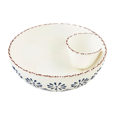 Photo of our stoneware server features a hand-painted rim and an integral dip bowl