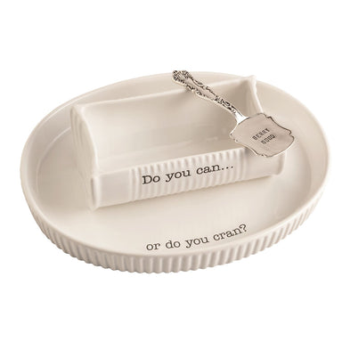 Ceramic cranberry serving dish features well to hold homemade cranberry sauce and attached center well to hold the canned version. Comes with stamped silverplate spatula.