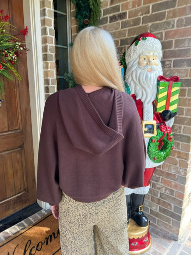 Woman modeling the back a chocolate brown long sleeve hooded sweater with tan cheetah print pants standing in front of a door with Christmas decorations