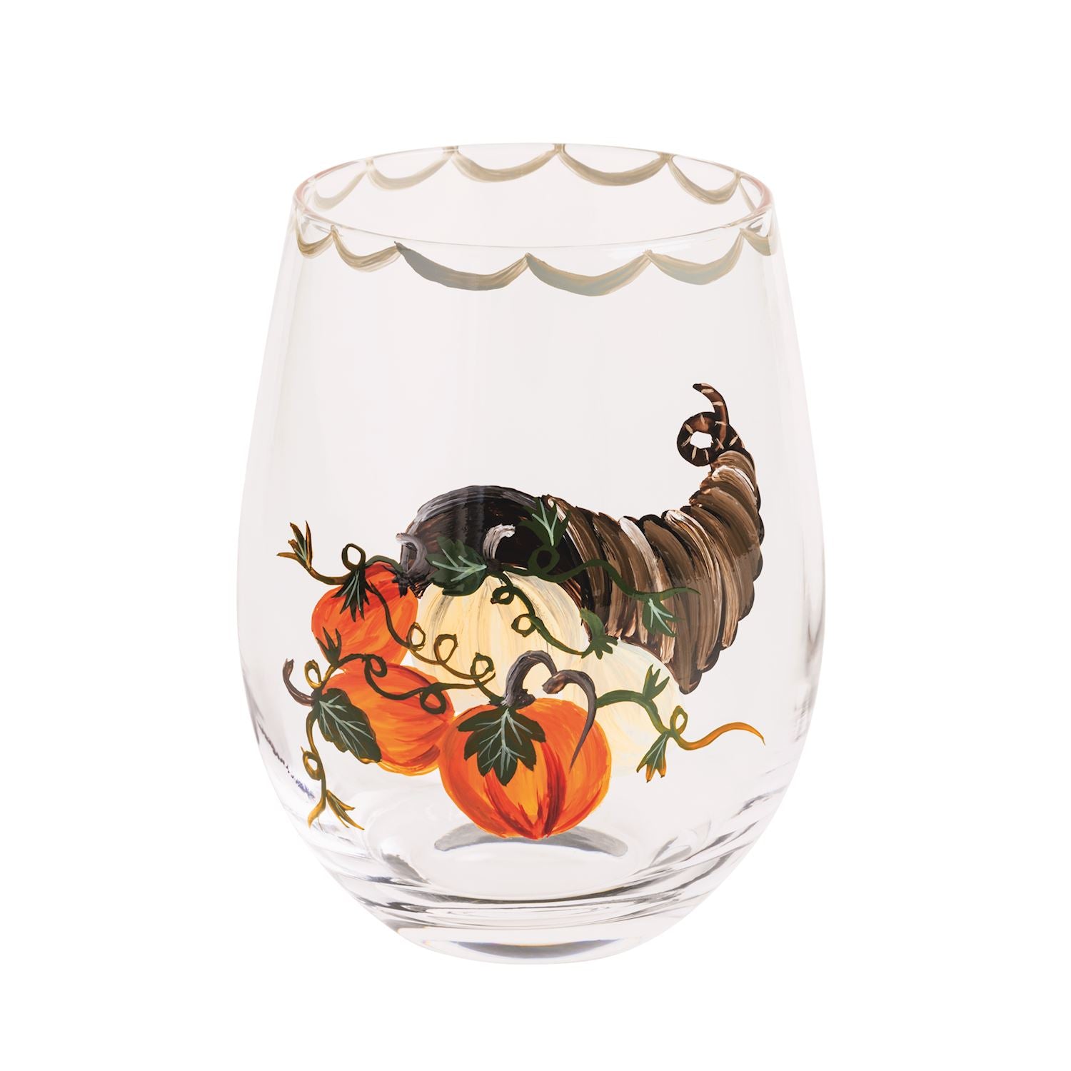 Decorative stemless wine glass with pumpkins and a cornucopia on a white background