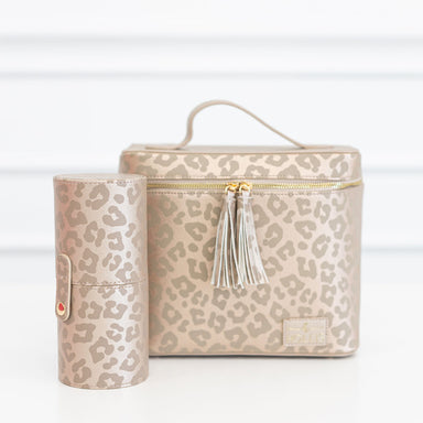 Photo of our large leopard print Lux train case with separate brush holder.