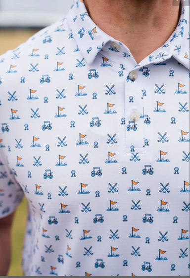 Up close photo of the all over golf print