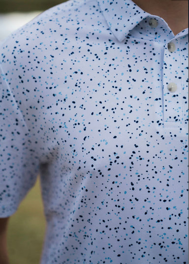Up close photo of the blue speckled pattern all over