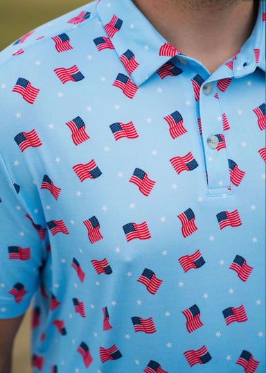 Up close photo showing the small American flags and white stars all over design