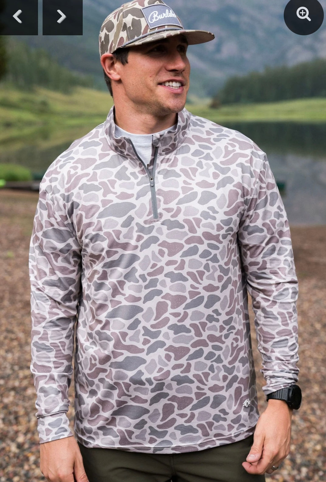 Quarter zip long-sleeve pullover in a classic deer camo print