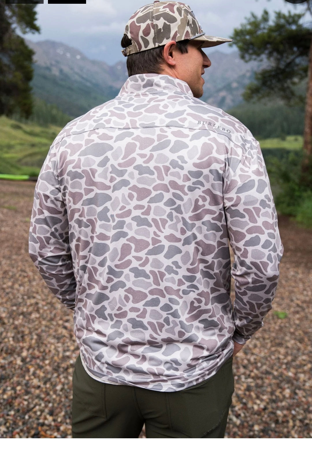 Quarter zip long-sleeve pullover in a classic deer camo print