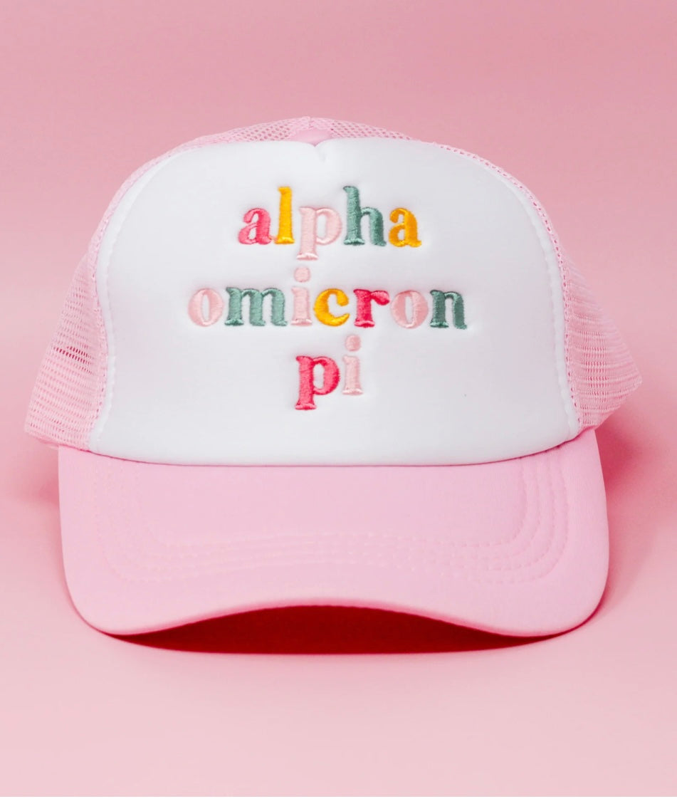 Photo of a sorority embroidered trucker hat with a light pink brim and mesh backing with your sorority's name in a light & dark pink, orange and green