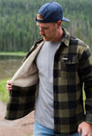 Man modeling a green and black plaid fleece lined shacket