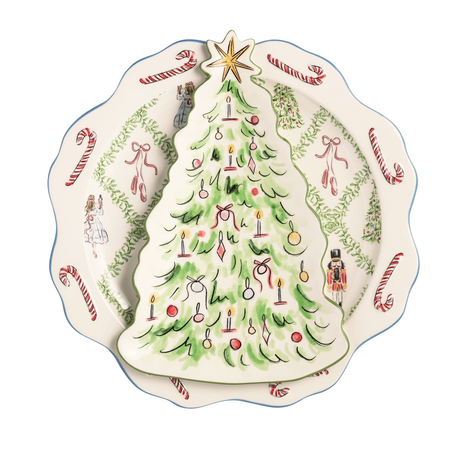A Christmas-themed ceramic plate featuring a large green Christmas tree with ornaments and a gold star on the front, surrounded by a border of candy canes, bows, holly, and nutcracker illustrations.