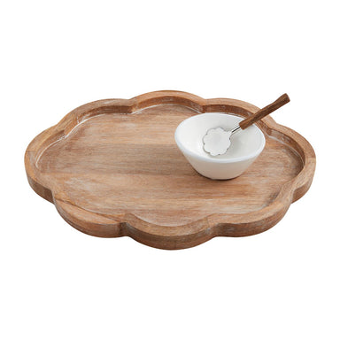 Photo of a 3 piece serving set consisting of a scallopped mango wood tray, ceramic dip bowl and mango wood and stainless steel serving spoon.