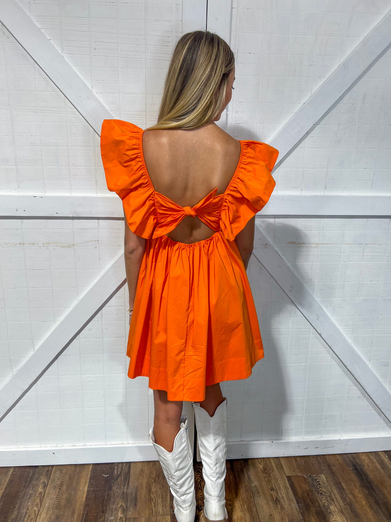 Orange ruffled back-tie mini dress
