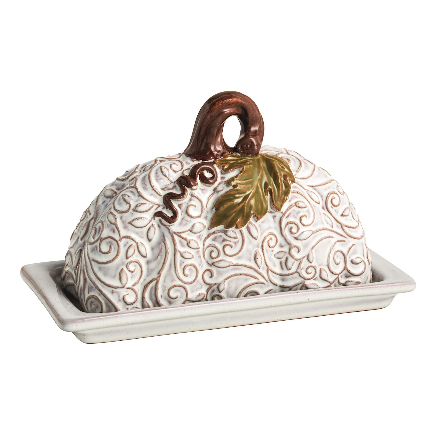 Stoneware butter dish features pumpkin lid with pressed lace detail and hand-painted stem and leaf.