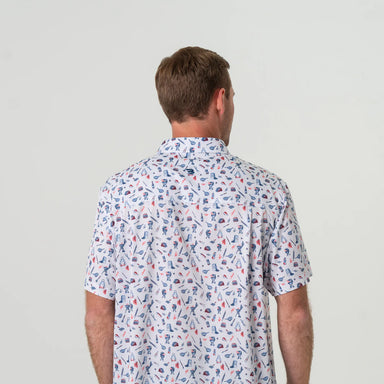 Man modeling the back of a white button down short sleeve shirt with small grilling symbols in an all over pattern