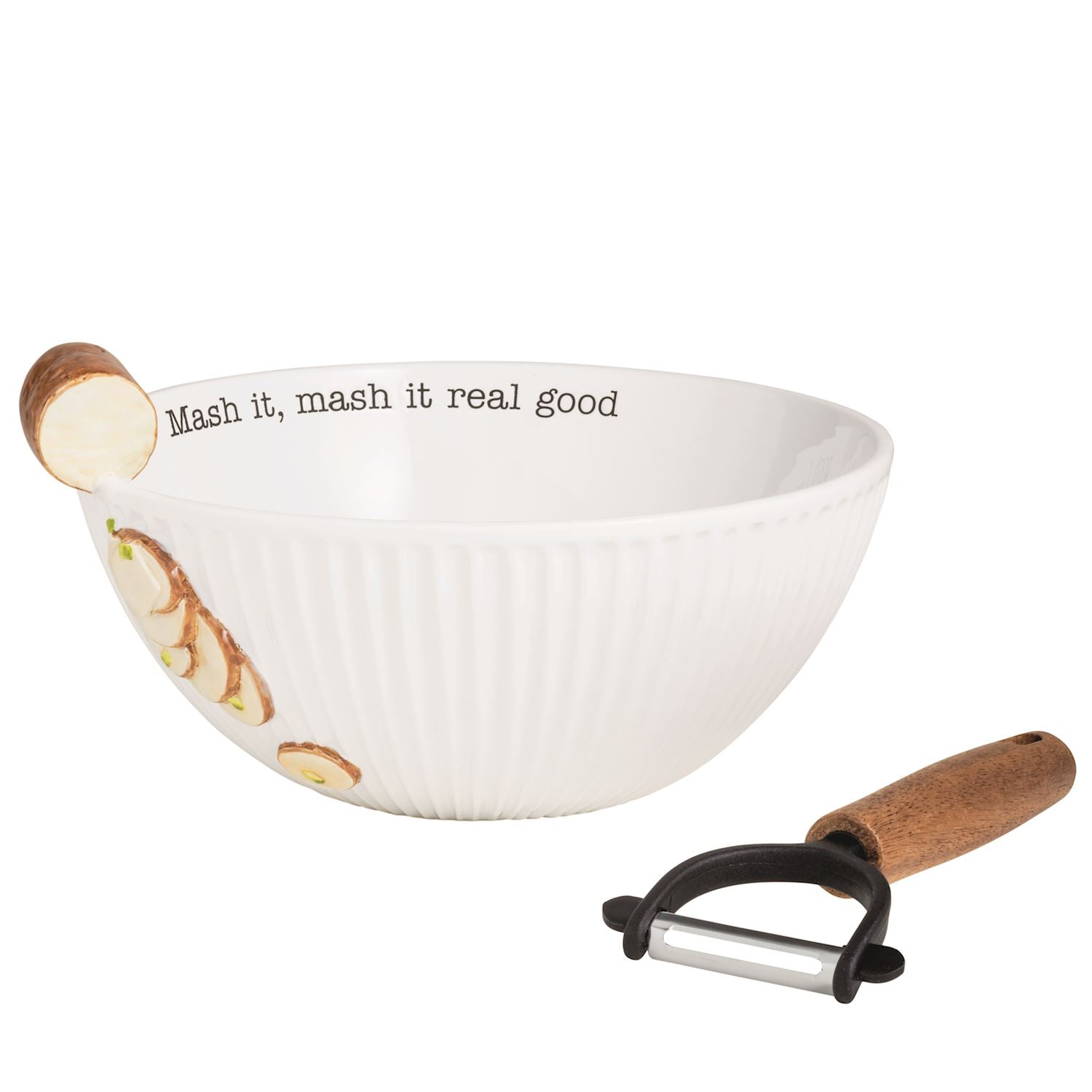 A white ribbed ceramic bowl with a wooden peeler and a printed potato design, shown on a plain white background. The inside of the bowl reads 'Mash it, mash it real good'.