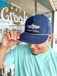 Navy baseball hat with rope detail and a camouflage fish 