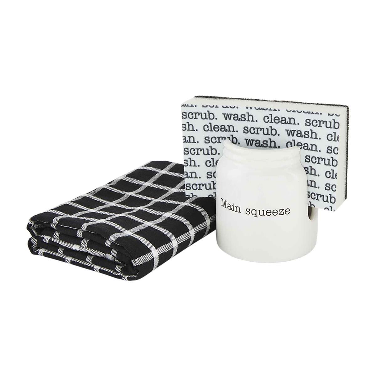 photo of 3 piece kitchen set which includes a sponge, sponge holder and towel in black and white colors
