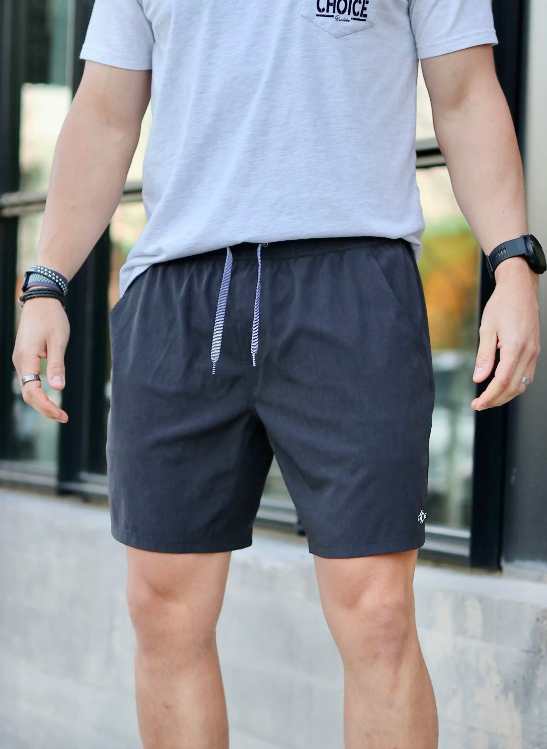 Men’s black athletic shorts that are Quick Drying, Moisture Wicking, and Four-Way Stretch