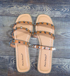 brown strappy flat sandal with gold beads on the straps